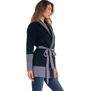 Elan Black and Gray Colorblock Belted Cardigan Size Small NWT